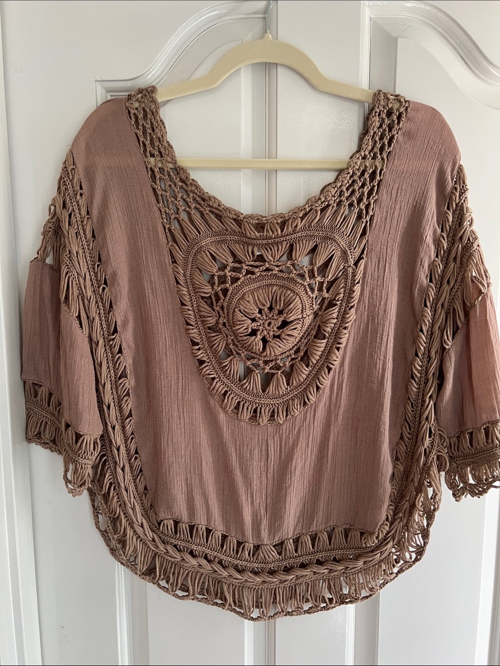 Rebellion Mauve Brown Crochet-Back Dolman Tunic
